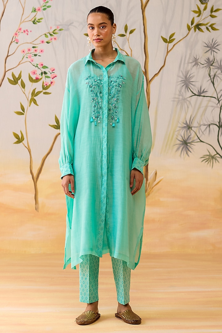 Aqua Blue Mul Chanderi Thread Hand Embroidered Tunic Set by Shikha Mehta at Pernia's Pop Up Shop