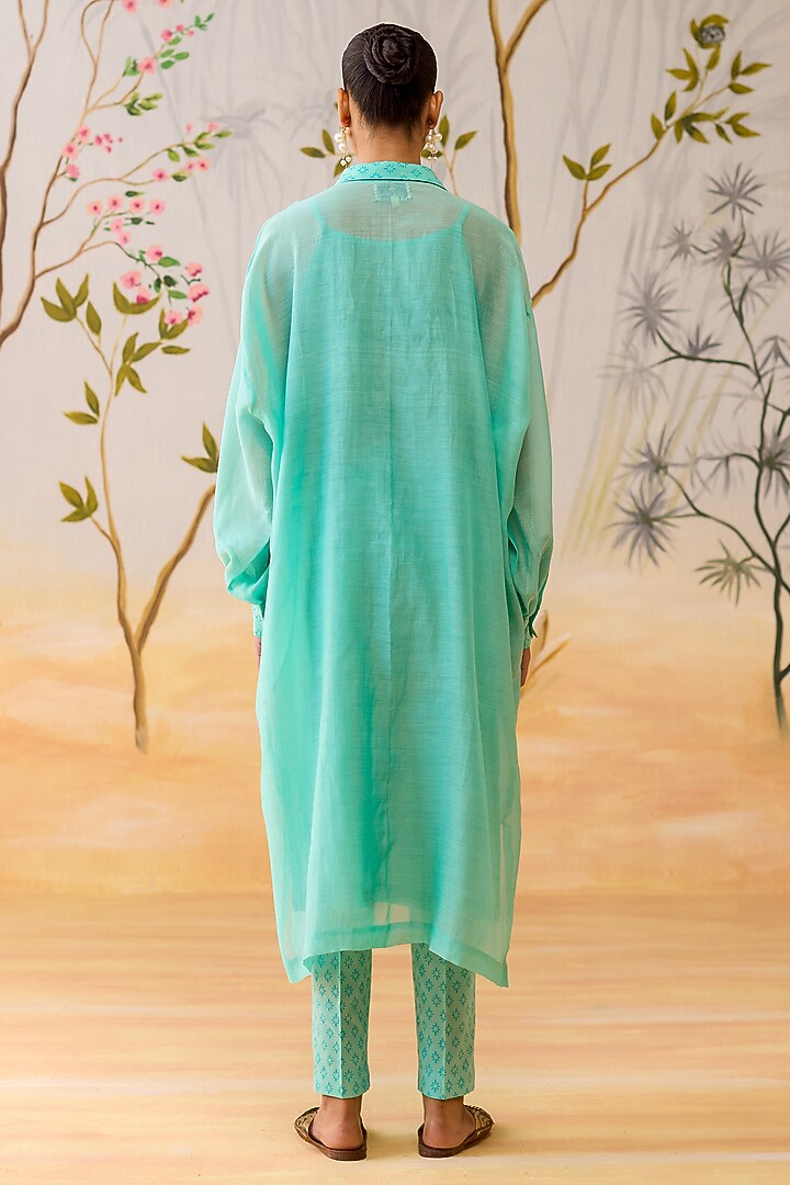 Aqua Blue Mul Chanderi Thread Hand Embroidered Tunic Set by Shikha Mehta at Pernia's Pop Up Shop