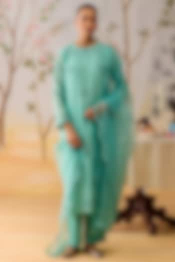 Aqua Blue Mul Chanderi Thread Hand Embroidered Kurta Set by Shikha Mehta at Pernia's Pop Up Shop