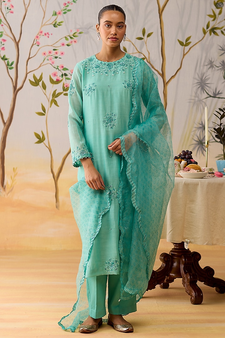 Aqua Blue Mul Chanderi Thread Hand Embroidered Kurta Set by Shikha Mehta at Pernia's Pop Up Shop