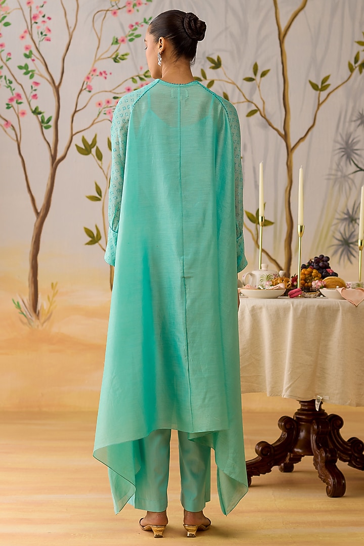 Aqua Blue Mul Chanderi Thread Hand Embroidered Tunic Set by Shikha Mehta at Pernia's Pop Up Shop