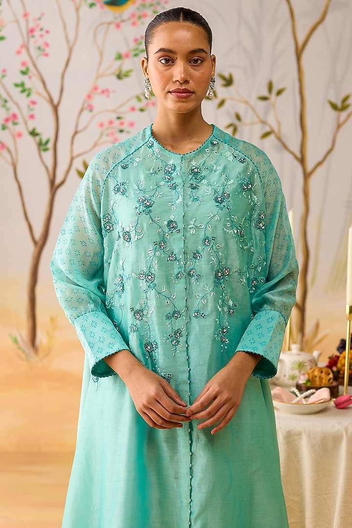 Aqua Blue Mul Chanderi Thread Hand Embroidered Tunic Set by Shikha Mehta at Pernia's Pop Up Shop
