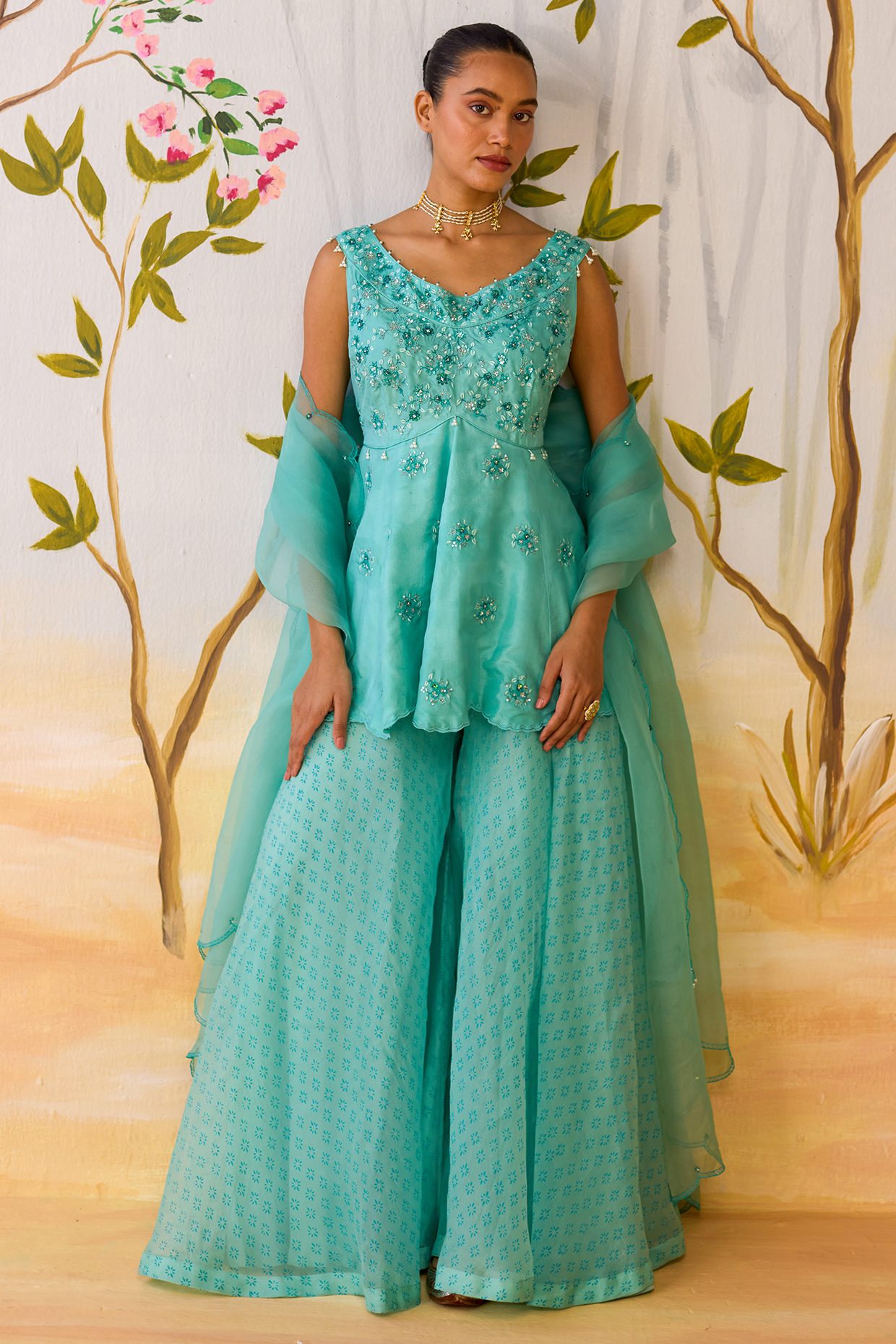 Aqua Blue Silk Organza Block Printed Wedding Sharara Set by Shikha Mehta at Pernia's Pop Up Shop