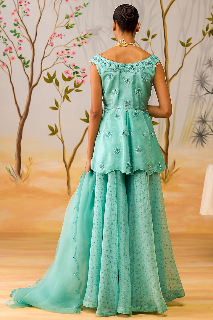 Aqua Blue Silk Organza Block Printed Wedding Sharara Set by Shikha Mehta at Pernia's Pop Up Shop