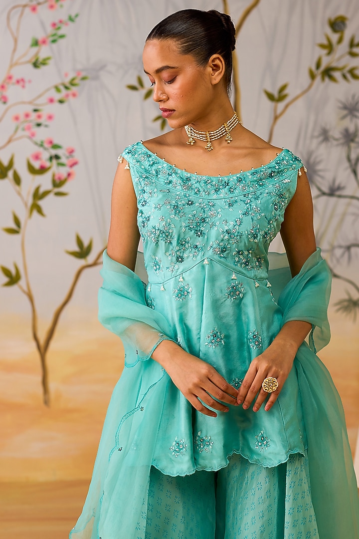 Aqua Blue Silk Organza Block Printed Wedding Sharara Set by Shikha Mehta at Pernia's Pop Up Shop