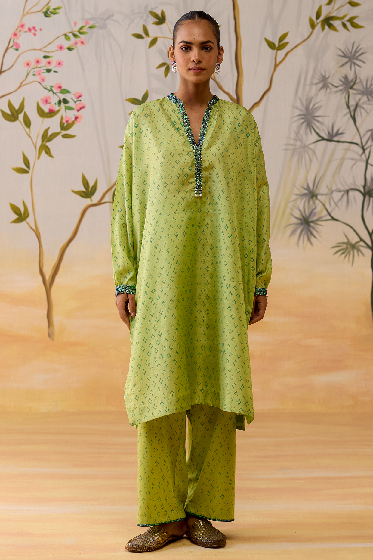 Green Silk Hand Embroidered & Block Printed Tunic Set by Shikha Mehta at Pernia's Pop Up Shop
