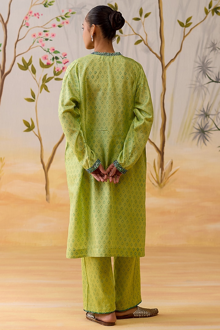 Green Silk Hand Embroidered & Block Printed Tunic Set by Shikha Mehta at Pernia's Pop Up Shop