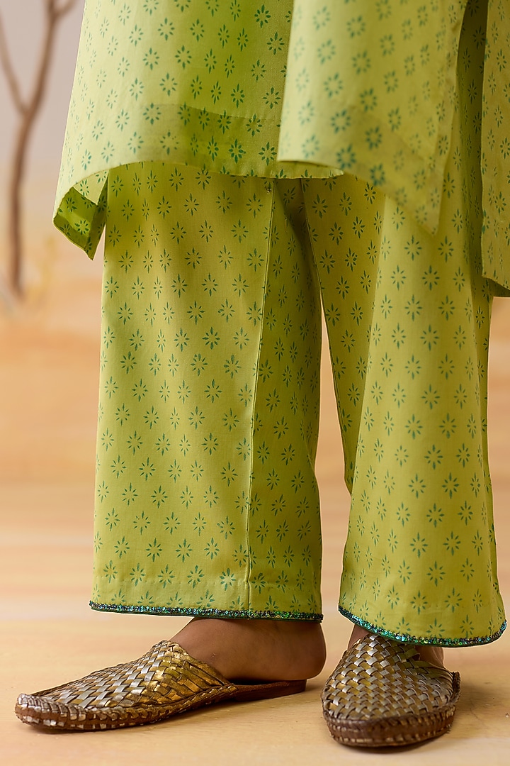 Green Silk Hand Embroidered & Block Printed Tunic Set by Shikha Mehta at Pernia's Pop Up Shop