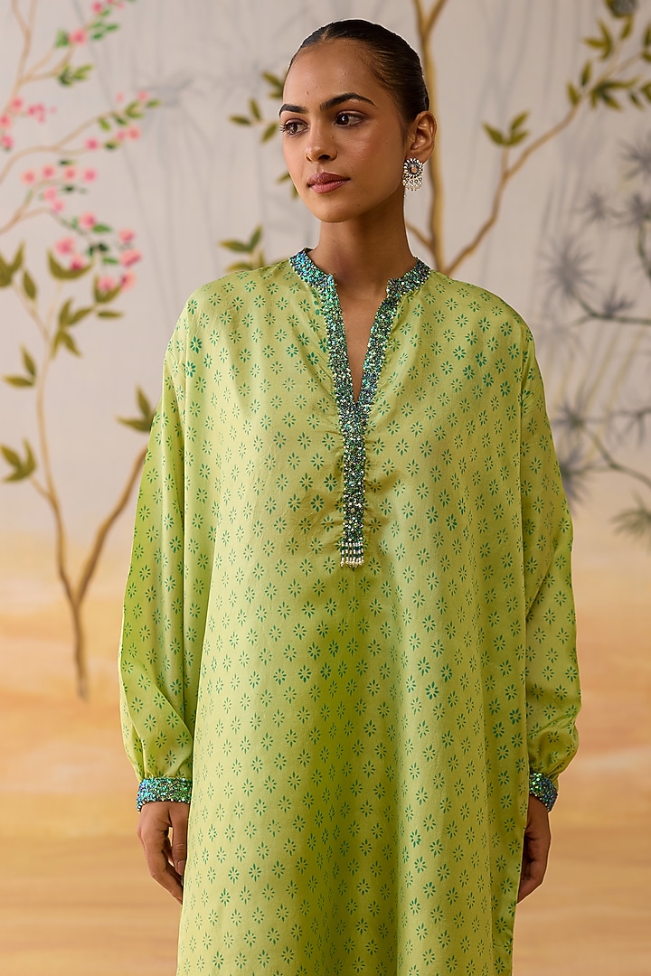 Green Silk Hand Embroidered & Block Printed Tunic Set by Shikha Mehta at Pernia's Pop Up Shop