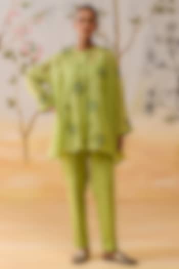 Green Mul Chanderi Hand Embroidered Co-Ord Set by Shikha Mehta at Pernia's Pop Up Shop