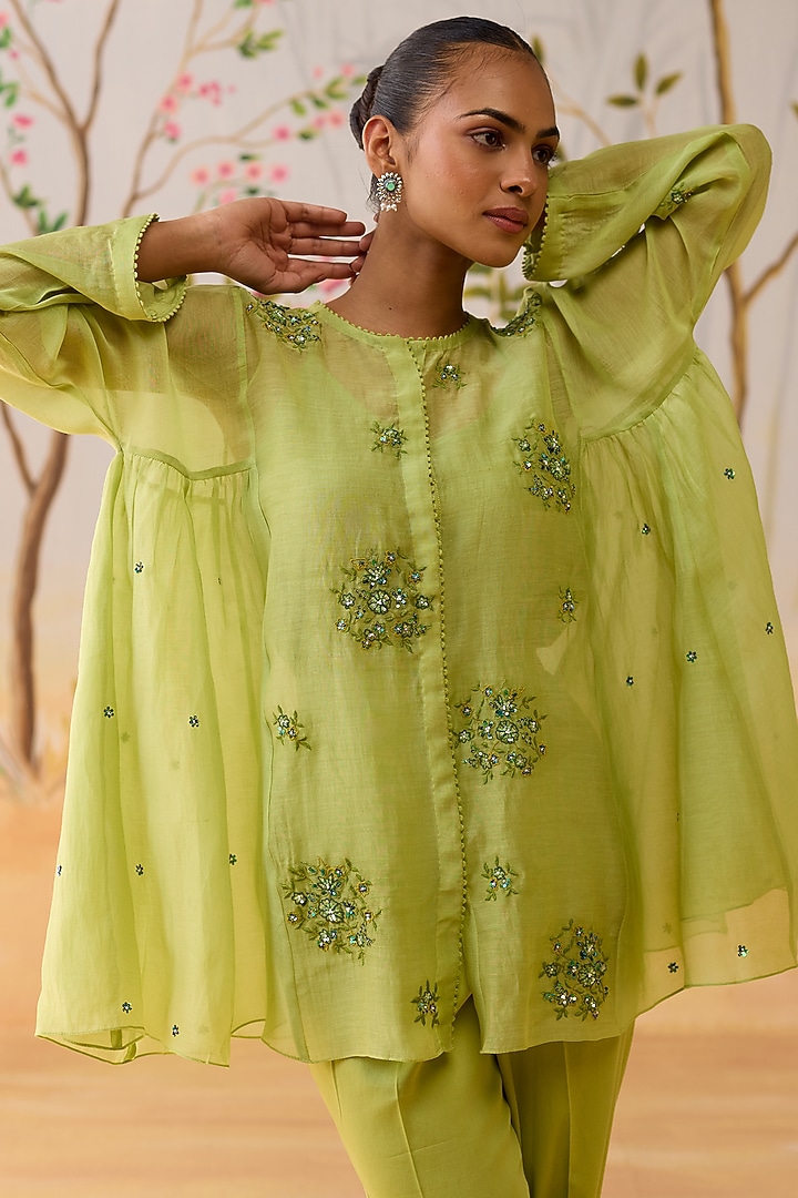 Green Mul Chanderi Hand Embroidered Co-Ord Set by Shikha Mehta at Pernia's Pop Up Shop