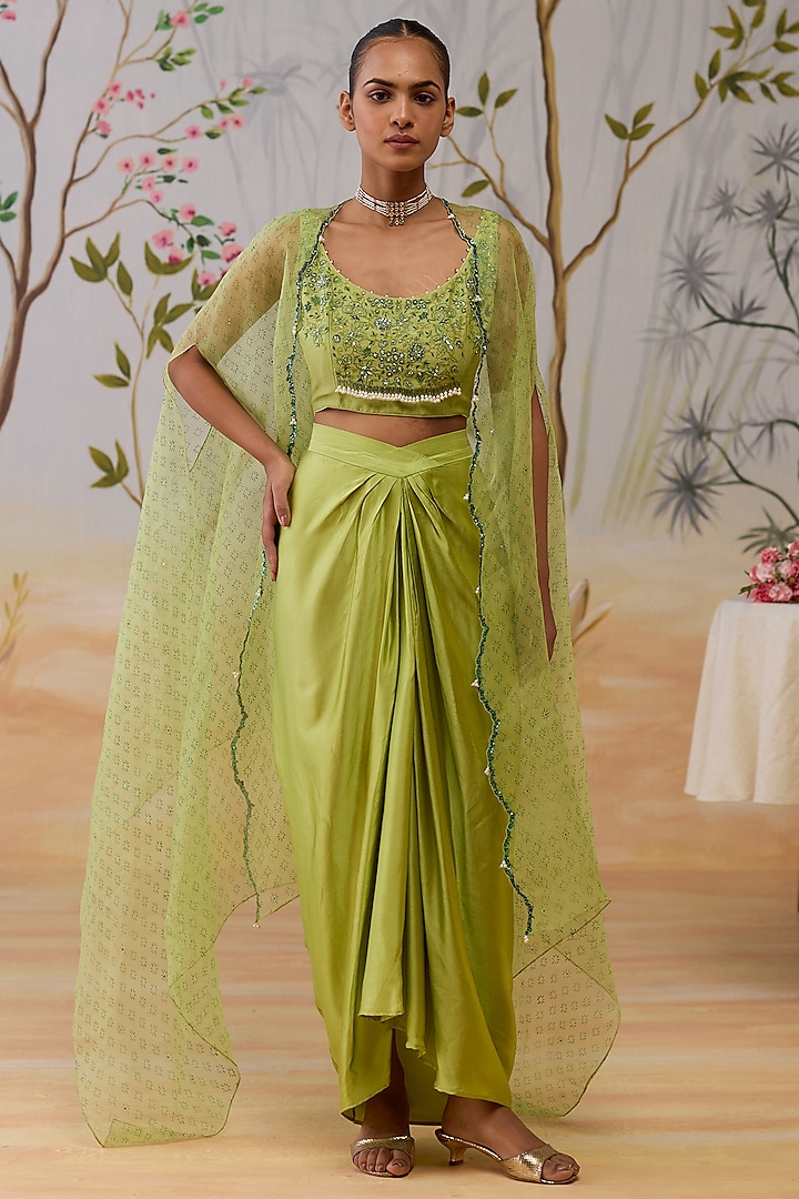 Green Silk Organza Block Printed Cape Set by Shikha Mehta at Pernia's Pop Up Shop