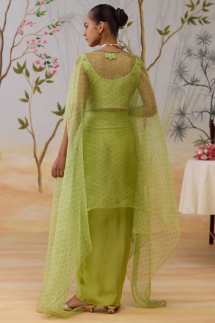 Green Silk Organza Block Printed Cape Set by Shikha Mehta at Pernia's Pop Up Shop