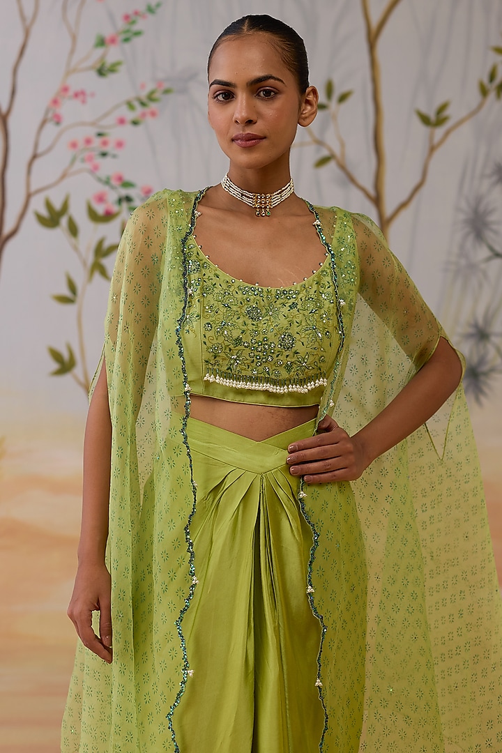 Green Silk Organza Block Printed Cape Set by Shikha Mehta at Pernia's Pop Up Shop