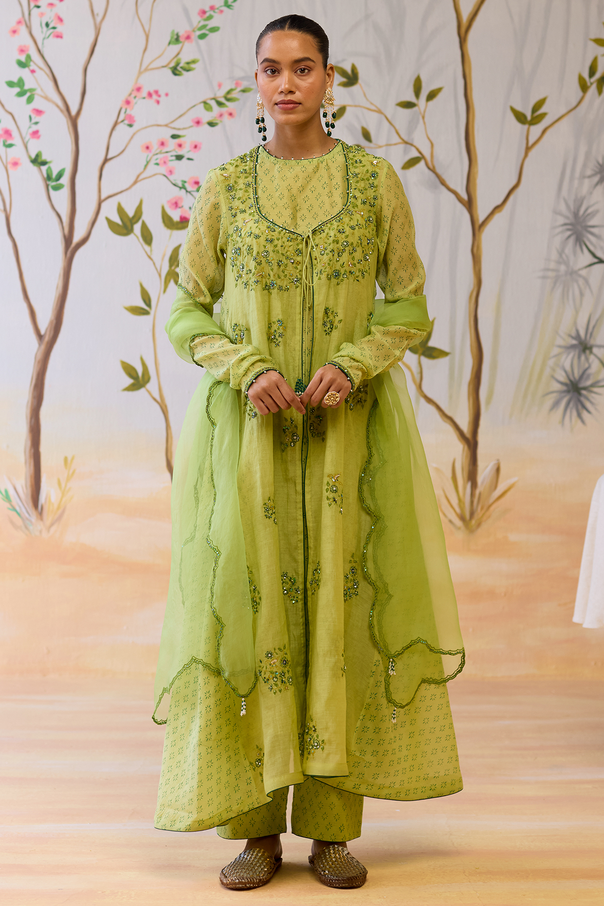 Green Mul Chanderi Hand Embroidered & Block Printed Kurta Set by Shikha Mehta at Pernia's Pop Up Shop
