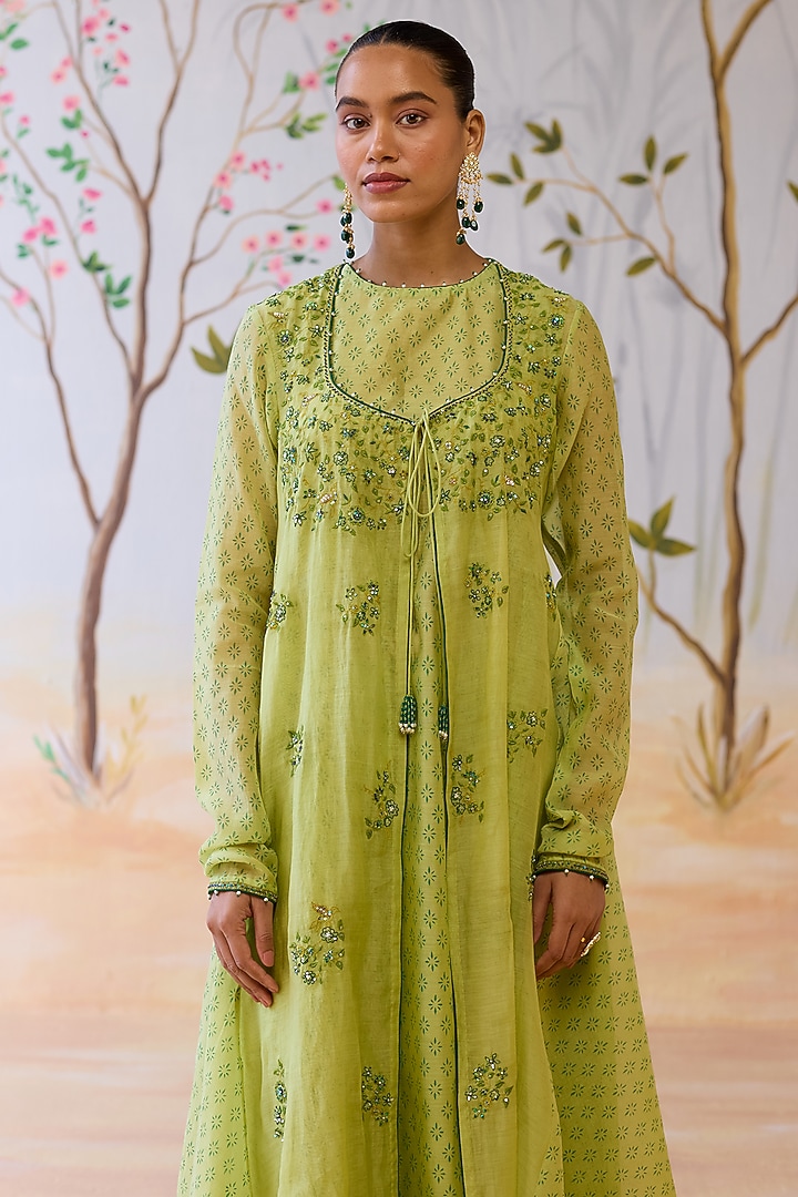 Green Mul Chanderi Hand Embroidered & Block Printed Kurta Set by Shikha Mehta at Pernia's Pop Up Shop