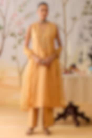 Yellow Silk Hand Embroidered & Block Printed Kurta Set by Shikha Mehta at Pernia's Pop Up Shop