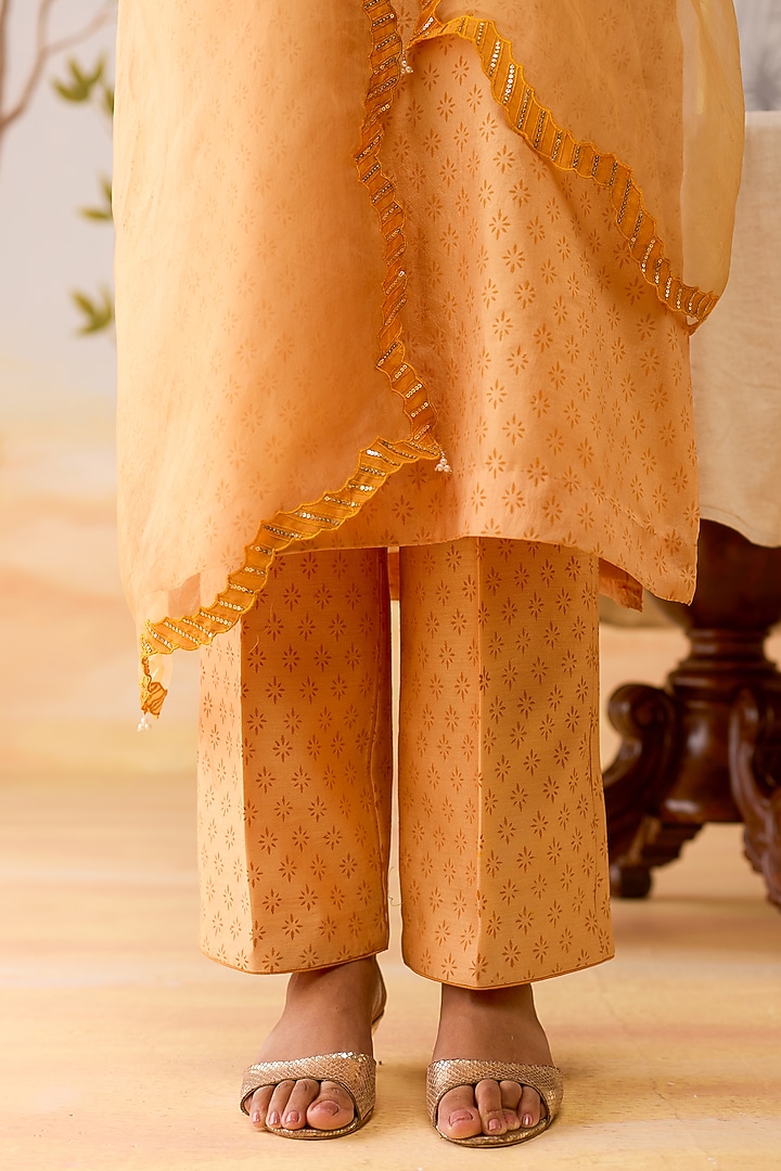 Yellow Silk Hand Embroidered & Block Printed Kurta Set by Shikha Mehta at Pernia's Pop Up Shop