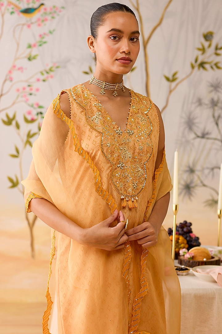 Yellow Silk Hand Embroidered & Block Printed Kurta Set by Shikha Mehta at Pernia's Pop Up Shop