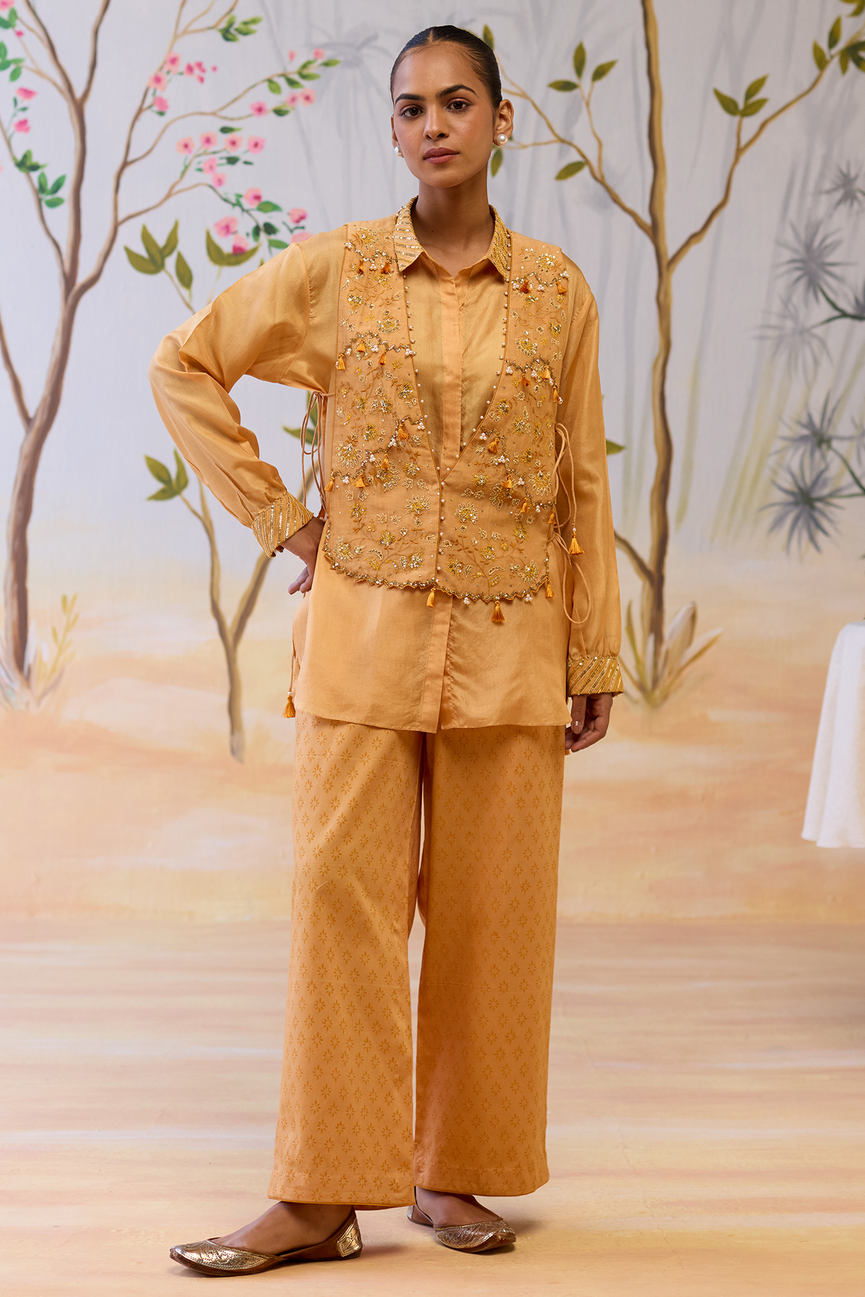 Yellow Silk Hand Embroidered & Block Printed Co-Ord Set by Shikha Mehta at Pernia's Pop Up Shop