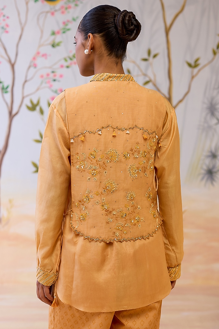 Yellow Silk Hand Embroidered & Block Printed Co-Ord Set by Shikha Mehta at Pernia's Pop Up Shop