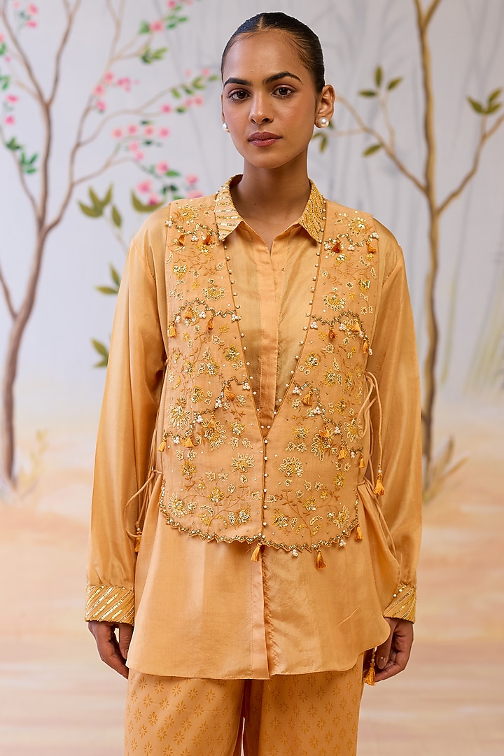Yellow Silk Hand Embroidered & Block Printed Co-Ord Set by Shikha Mehta at Pernia's Pop Up Shop