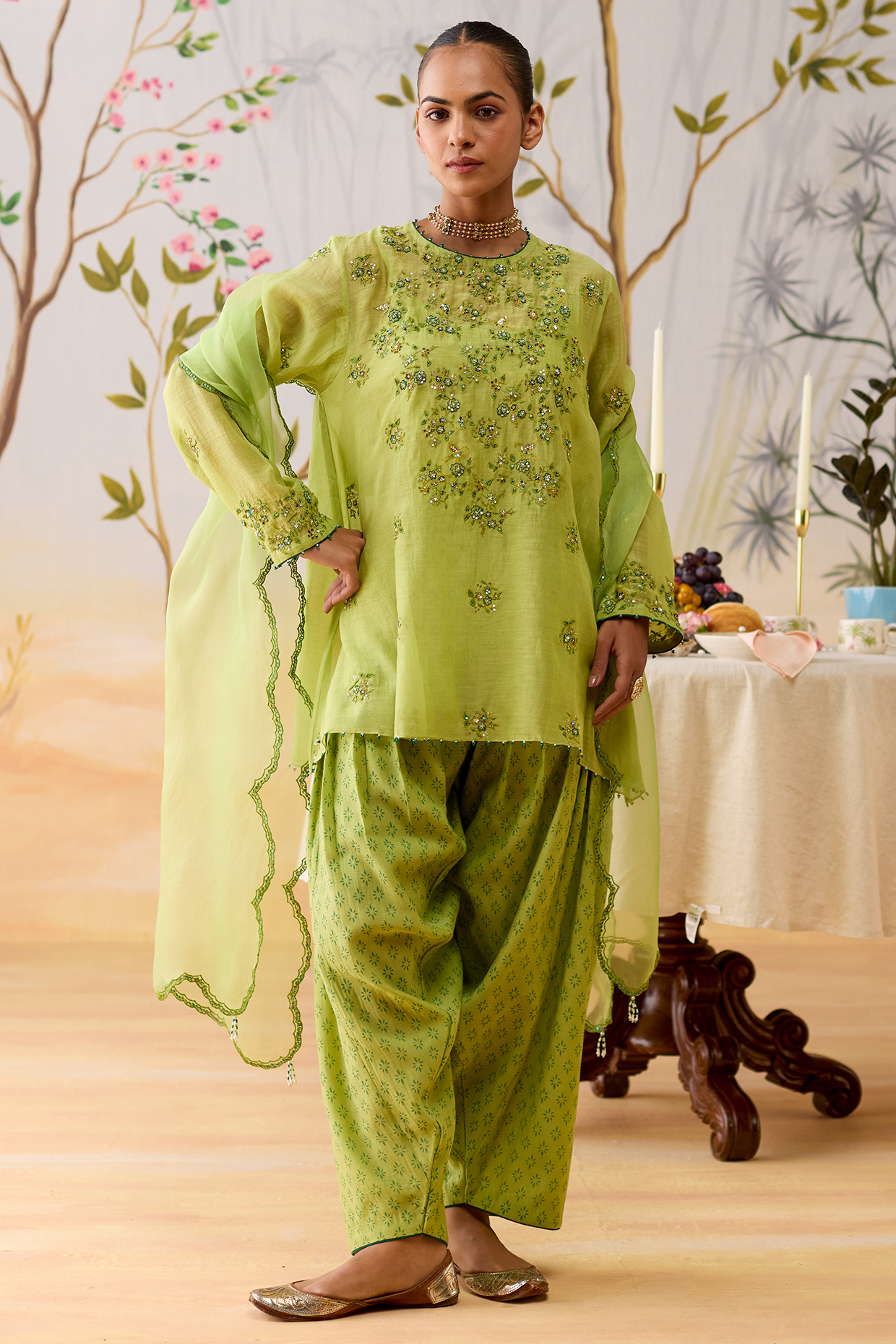 Green Mul Chanderi Hand Embroidered Kurta Set by Shikha Mehta at Pernia's Pop Up Shop