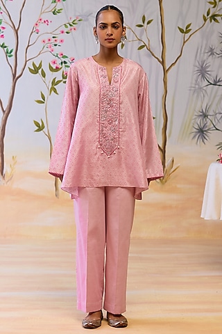 Lilac Silk Printed & Embroidered Kurta Set by Shikha Mehta