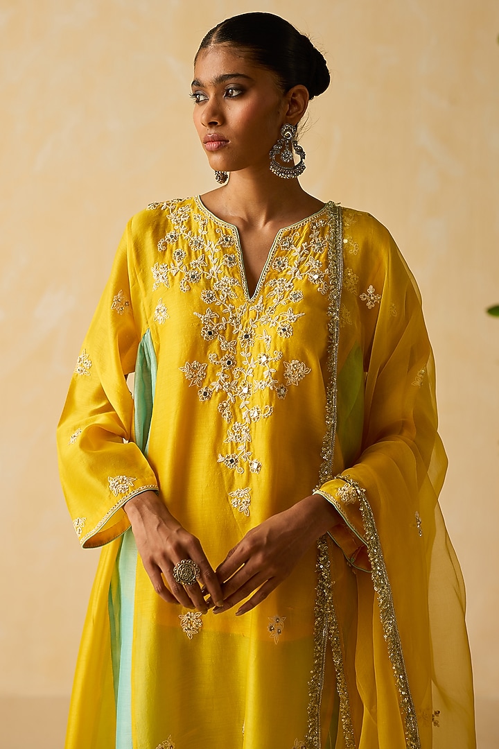 Yellow Silk Chanderi Thread Embroidered Kurta Set by Shikha Mehta at Pernia's Pop Up Shop