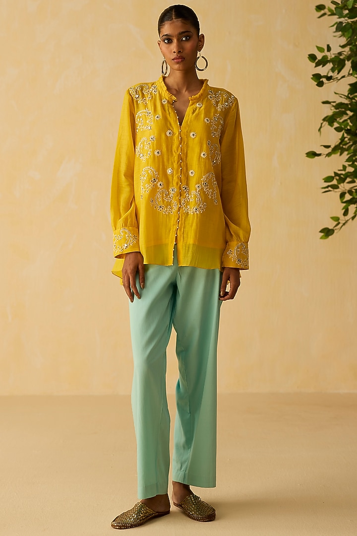 Yellow Silk Chanderi Thread Embroidered Co-Ord Set by Shikha Mehta at Pernia's Pop Up Shop