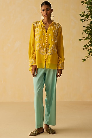 Yellow Silk Chanderi Thread Embroidered Co-Ord Set by Shikha Mehta