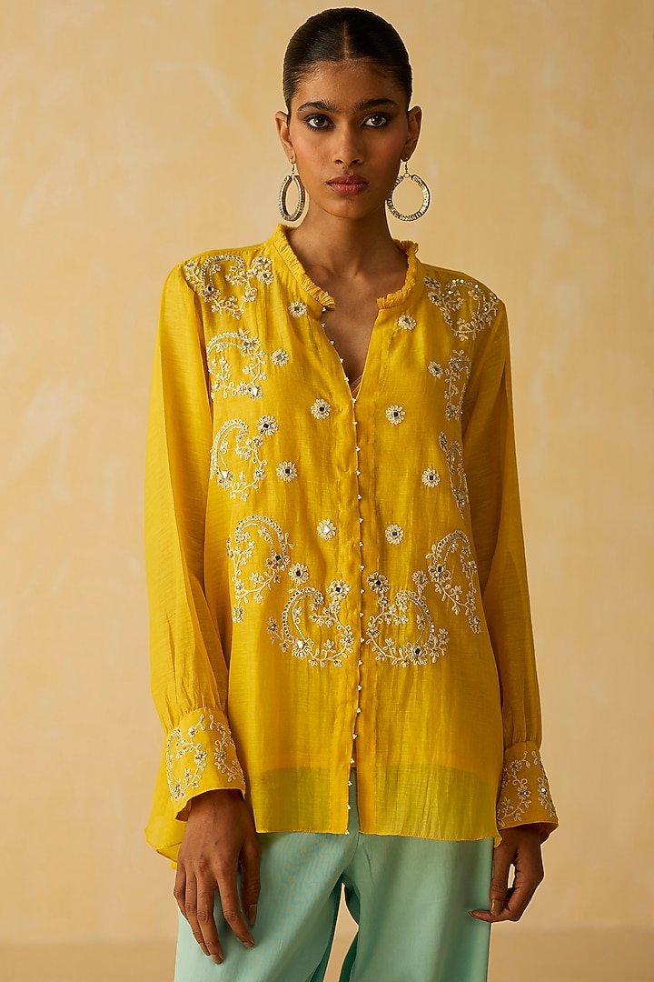 Yellow Silk Chanderi Thread Embroidered Co-Ord Set by Shikha Mehta at Pernia's Pop Up Shop