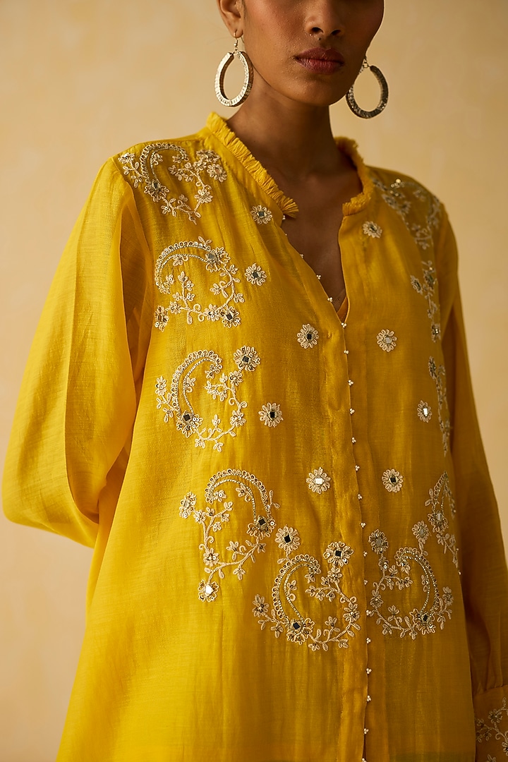 Yellow Silk Chanderi Thread Embroidered Co-Ord Set by Shikha Mehta at Pernia's Pop Up Shop
