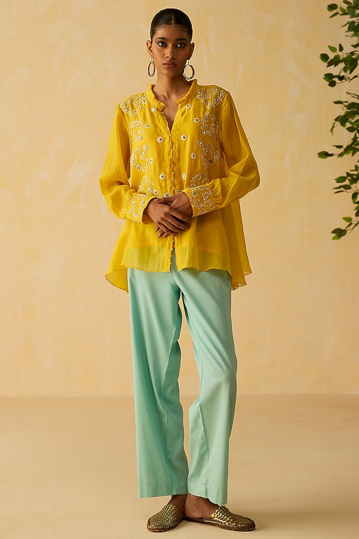 Yellow Silk Chanderi Thread Embroidered Co-Ord Set by Shikha Mehta at Pernia's Pop Up Shop