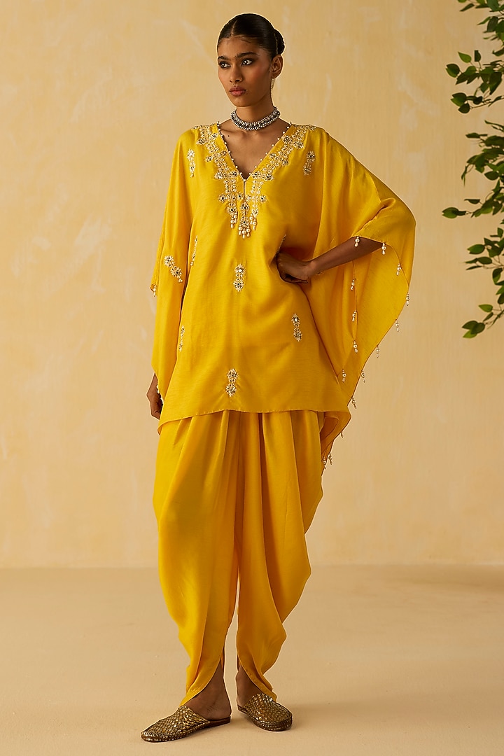 Yellow Dola Silk Thread Embroidered Tunic Set by Shikha Mehta at Pernia's Pop Up Shop