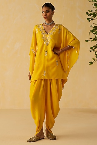 Yellow Dola Silk Thread Embroidered Tunic Set by Shikha Mehta