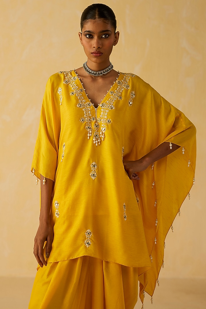 Yellow Dola Silk Thread Embroidered Tunic Set by Shikha Mehta at Pernia's Pop Up Shop