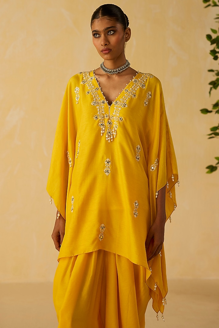 Yellow Dola Silk Thread Embroidered Tunic Set by Shikha Mehta at Pernia's Pop Up Shop