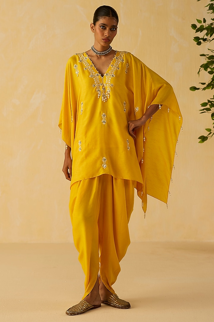 Yellow Dola Silk Thread Embroidered Tunic Set by Shikha Mehta at Pernia's Pop Up Shop