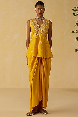 Yellow Silk Chanderi Embroidered Co-Ord Set by Shikha Mehta