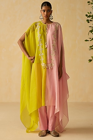 Lilac & Green Mirror Embroidered Kaftan Set by Shikha Mehta