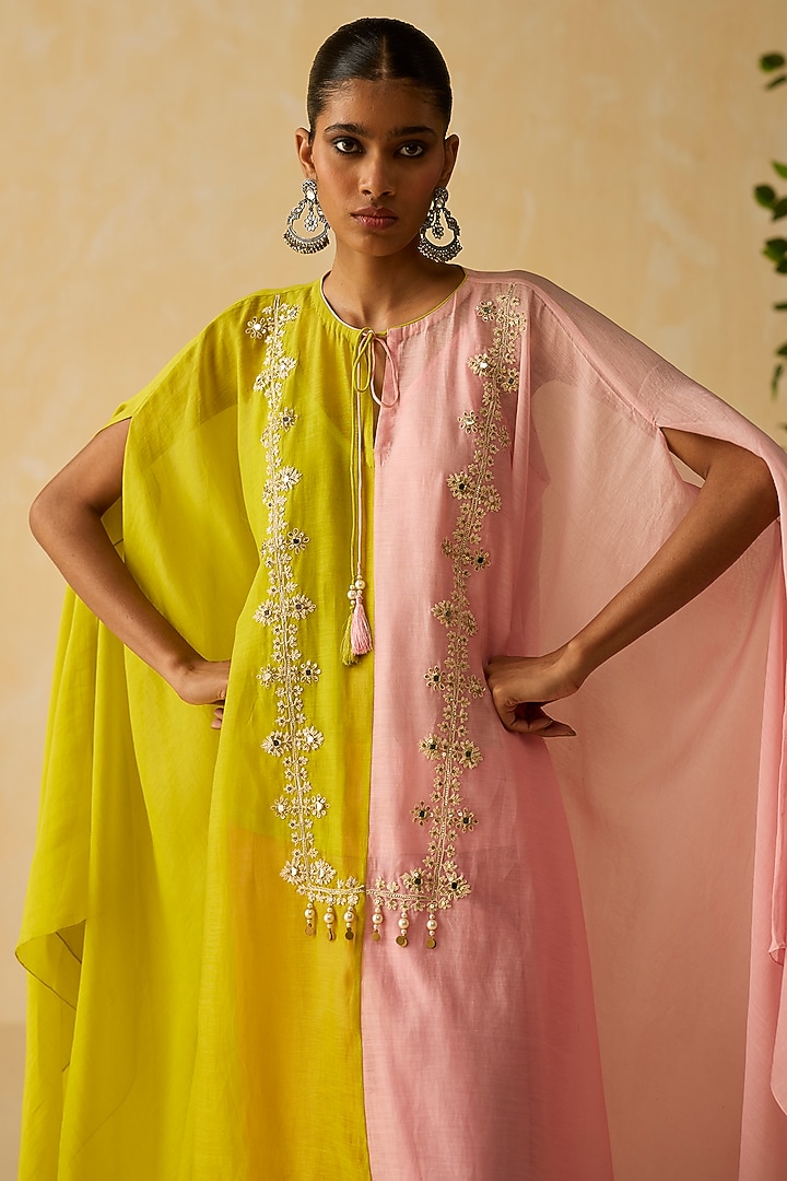 Lilac & Green Mirror Embroidered Kaftan Set by Shikha Mehta at Pernia's Pop Up Shop
