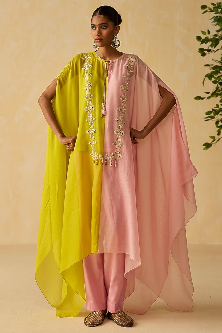Lilac & Green Mirror Embroidered Kaftan Set by Shikha Mehta at Pernia's Pop Up Shop