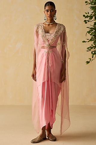 Lilac Organza Embroidered Cape Set by Shikha Mehta