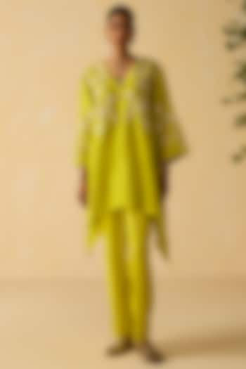 Lime Green Silk Chanderi Thread Embroidered Co-Ord Set by Shikha Mehta at Pernia's Pop Up Shop