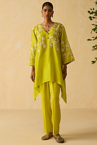 Lime Green Silk Chanderi Thread Embroidered Co-Ord Set by Shikha Mehta