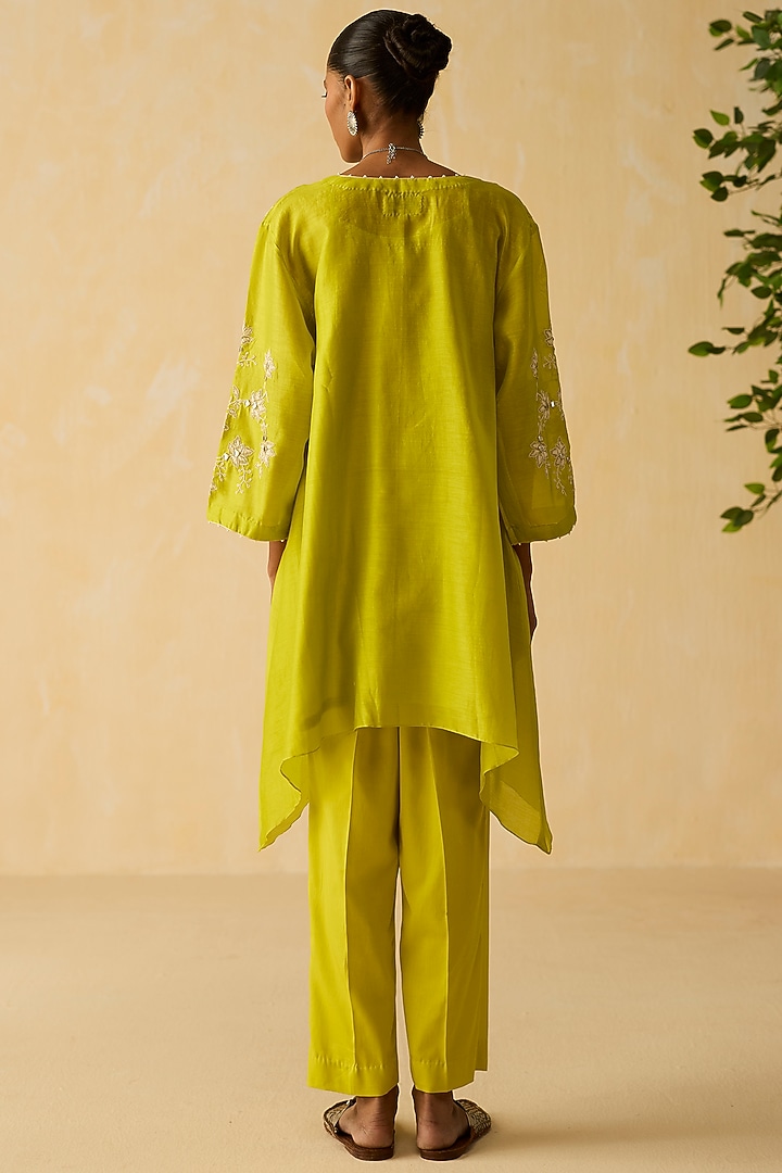 Lime Green Silk Chanderi Thread Embroidered Co-Ord Set by Shikha Mehta at Pernia's Pop Up Shop