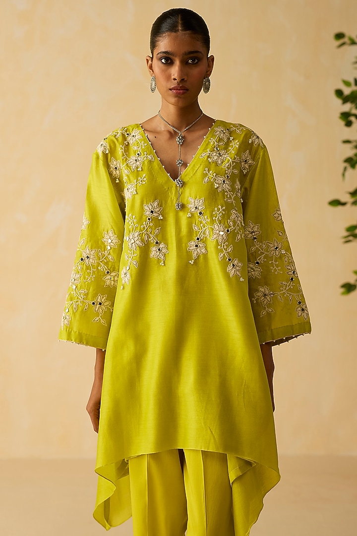 Lime Green Silk Chanderi Thread Embroidered Co-Ord Set by Shikha Mehta at Pernia's Pop Up Shop