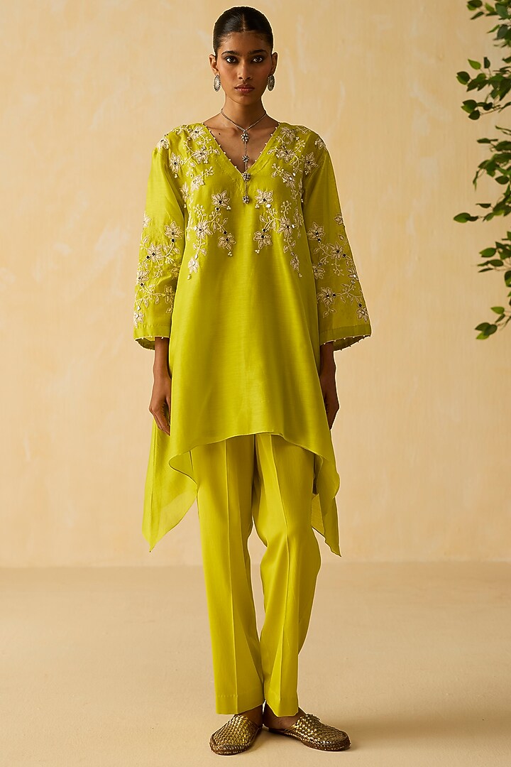 Lime Green Silk Chanderi Thread Embroidered Co-Ord Set by Shikha Mehta at Pernia's Pop Up Shop