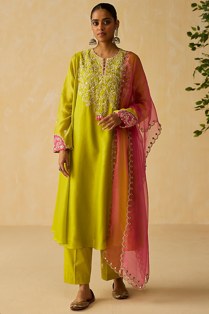 Lime Green Silk Chanderi Thread Embroidered Kurta Set by Shikha Mehta at Pernia's Pop Up Shop